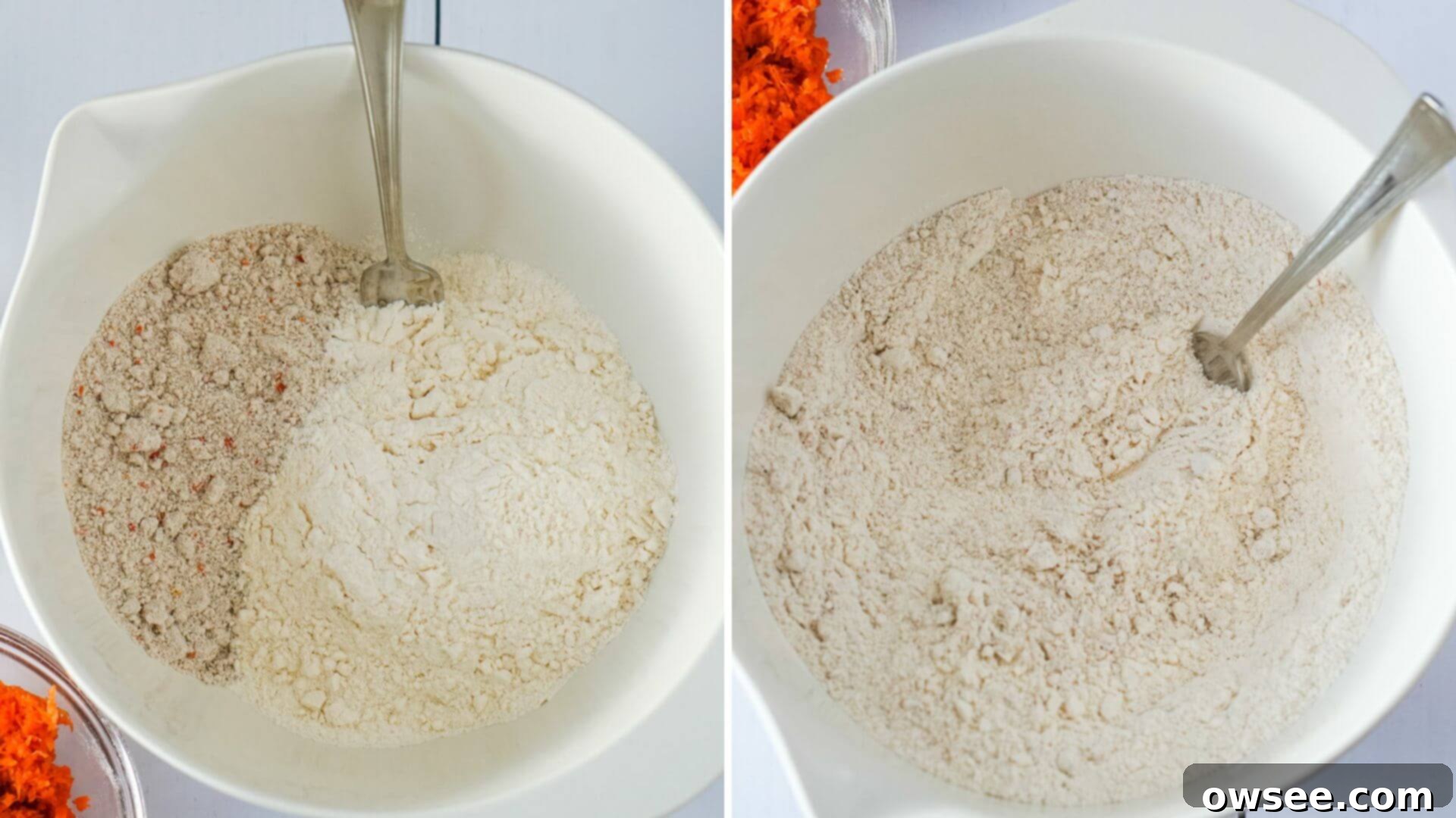 Effortless Carrot Cake Scones 5 The flour, butter, and cake mix is combined together in a bowl.