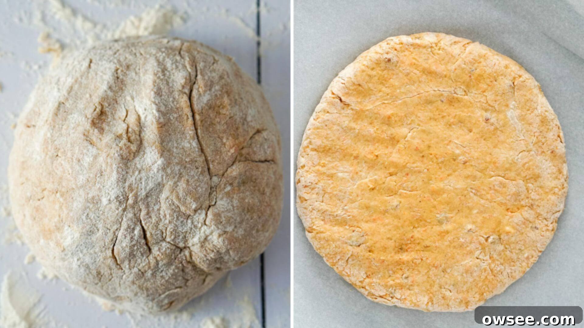 Effortless Carrot Cake Scones 7 The dough is put on to the table and covered with flour. it is then pressed into a circle.
