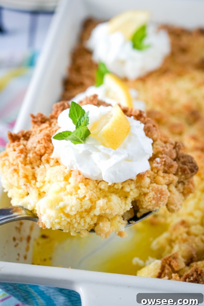 Zesty Lemon Dump Cake 3 A scoop of lemon dump cake, generously topped with whipped cream, a fresh lemon slice, and a sprig of mint, is carefully lifted from a large baking pan.