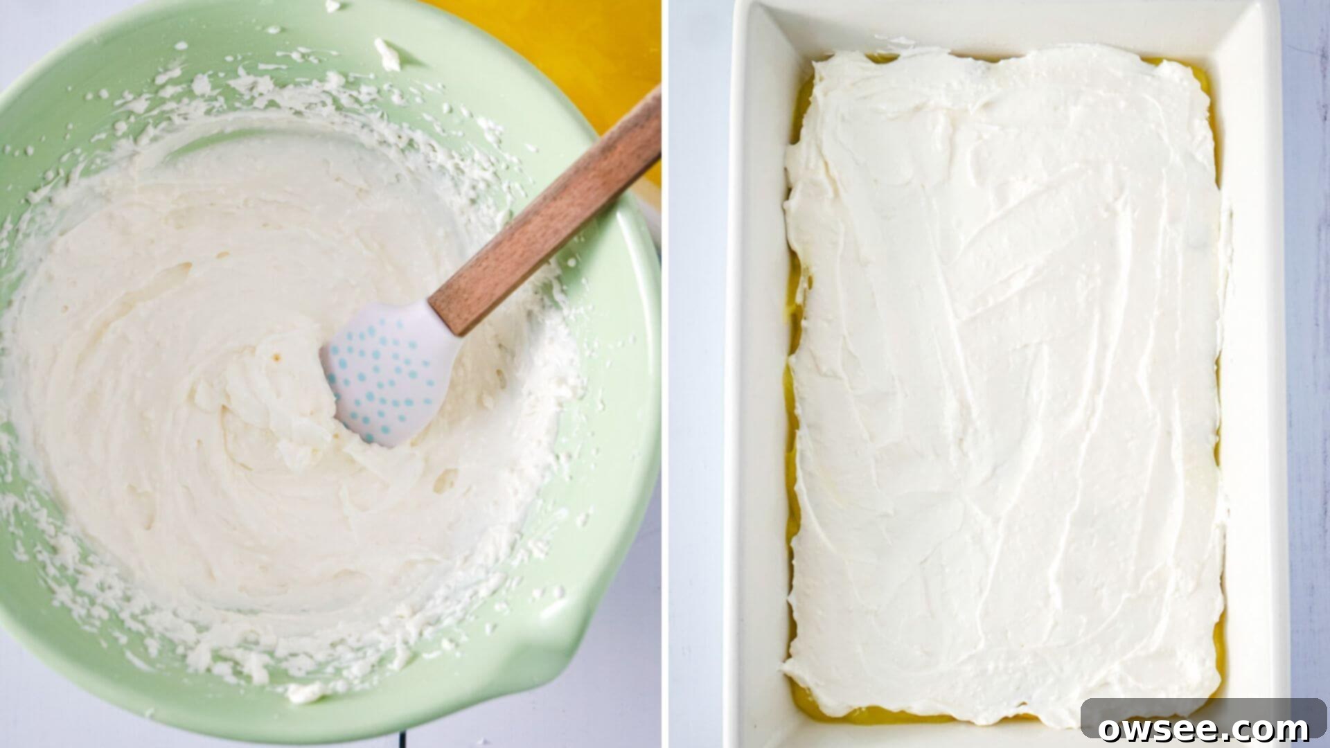 Zesty Lemon Dump Cake 6 The creamy, smooth cream cheese mixture is shown being beaten in a vibrant green bowl, and then spread evenly over the lemon filling in the baking dish, forming a distinct middle layer.