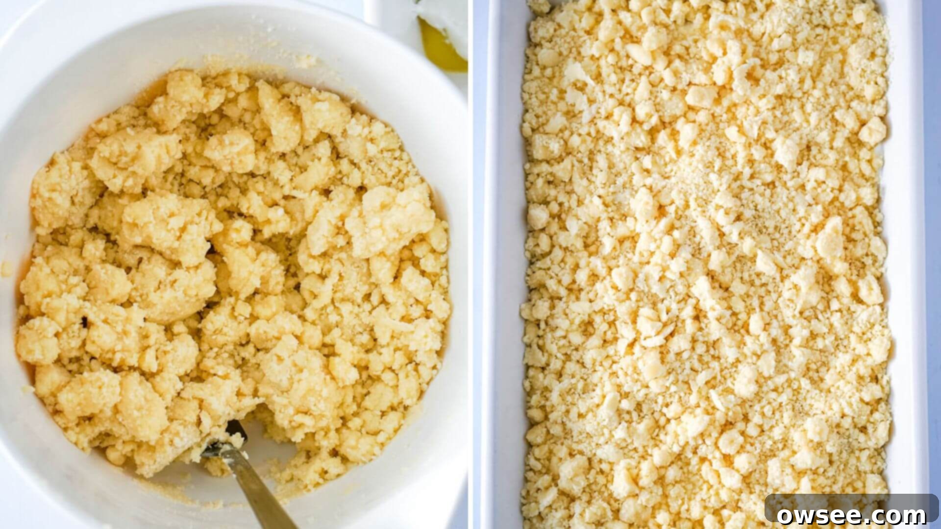 Zesty Lemon Dump Cake 7 Melted butter is being mixed with lemon cake mix in a bowl, creating a moist crumbly topping, which is then evenly sprinkled over the cream cheese layer in the baking pan.
