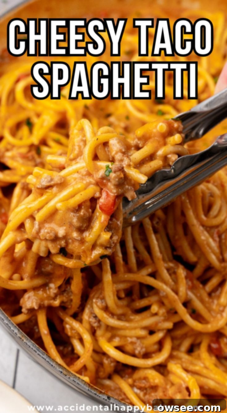 Taco Spaghetti Fiesta 13 A Pinterest-friendly image featuring Easy Cheesy Taco Spaghetti, highlighting it as a budget-friendly, cheesy, taco-flavored main dish, perfect for busy weeknights and a family favorite, ready in about 25 minutes with ground beef, Rotel, and two kinds of cheese.