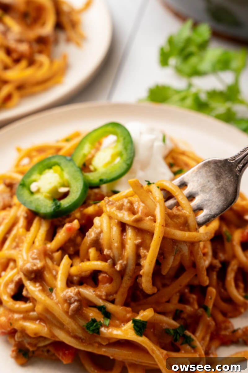 Taco Spaghetti Fiesta 4 A fork taking a delicious bite out of a creamy, cheesy serving of Cheesy Taco Spaghetti, showcasing the texture and appeal of the dish.