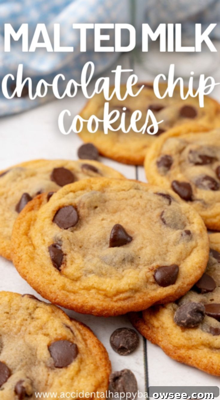 A Pinterest-friendly image showing several perfectly baked Malted Chocolate Chip Cookies, inviting users to save this unique and delicious recipe.