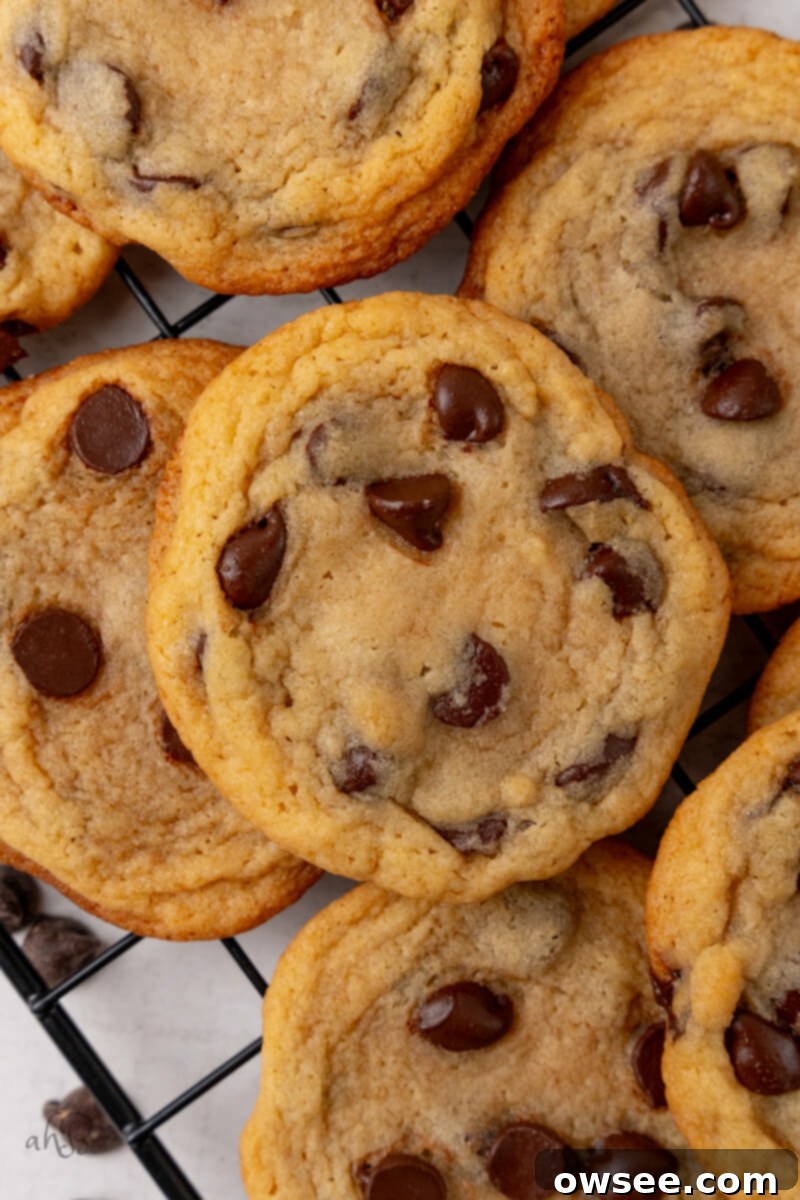 A pile of freshly baked Malted Chocolate Chip Cookies cooling perfectly on a wire rack, ready to be enjoyed.