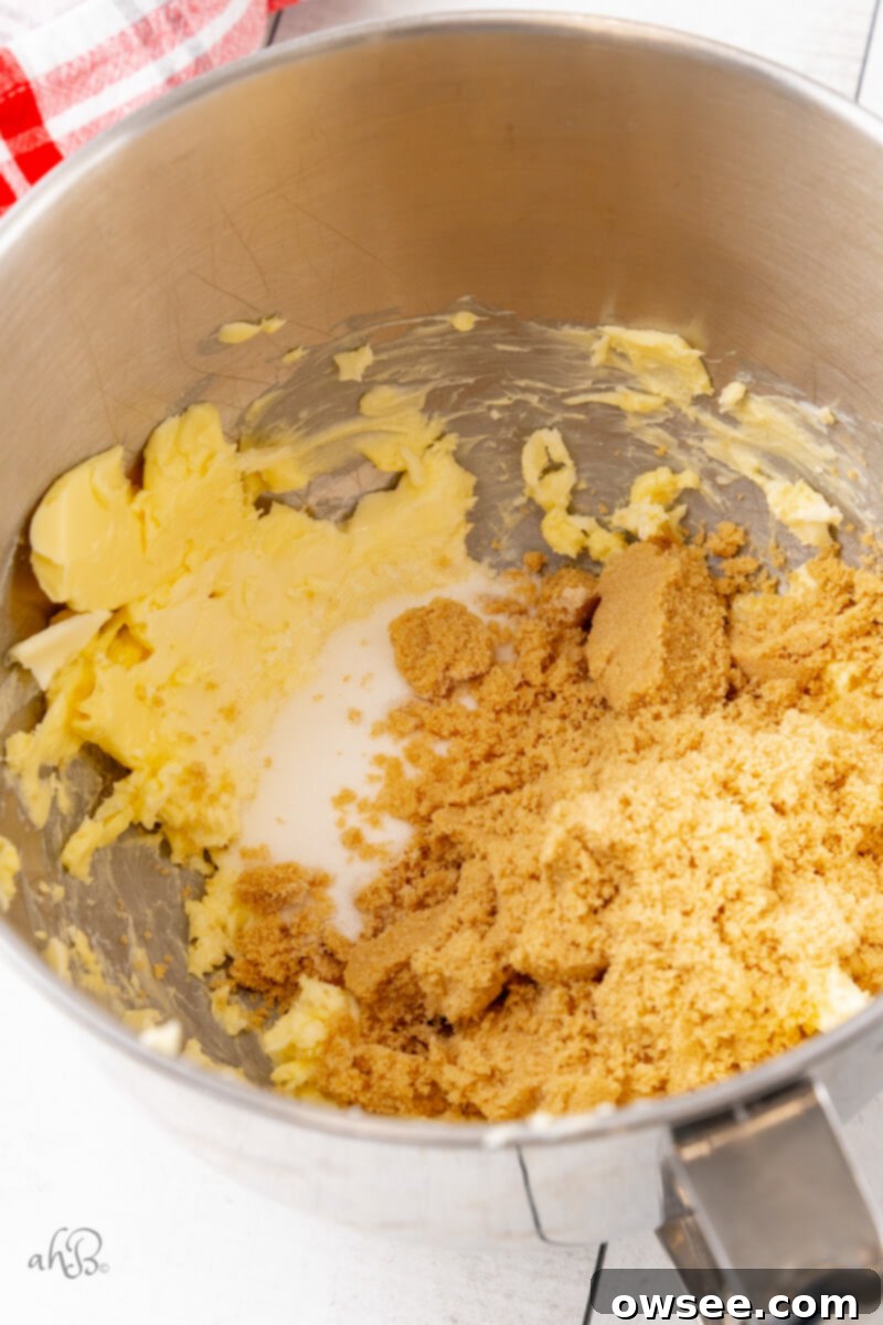The butter, Crisco, and sugars are creamed together in a metal mixing bowl, forming a smooth, light, and creamy mixture.