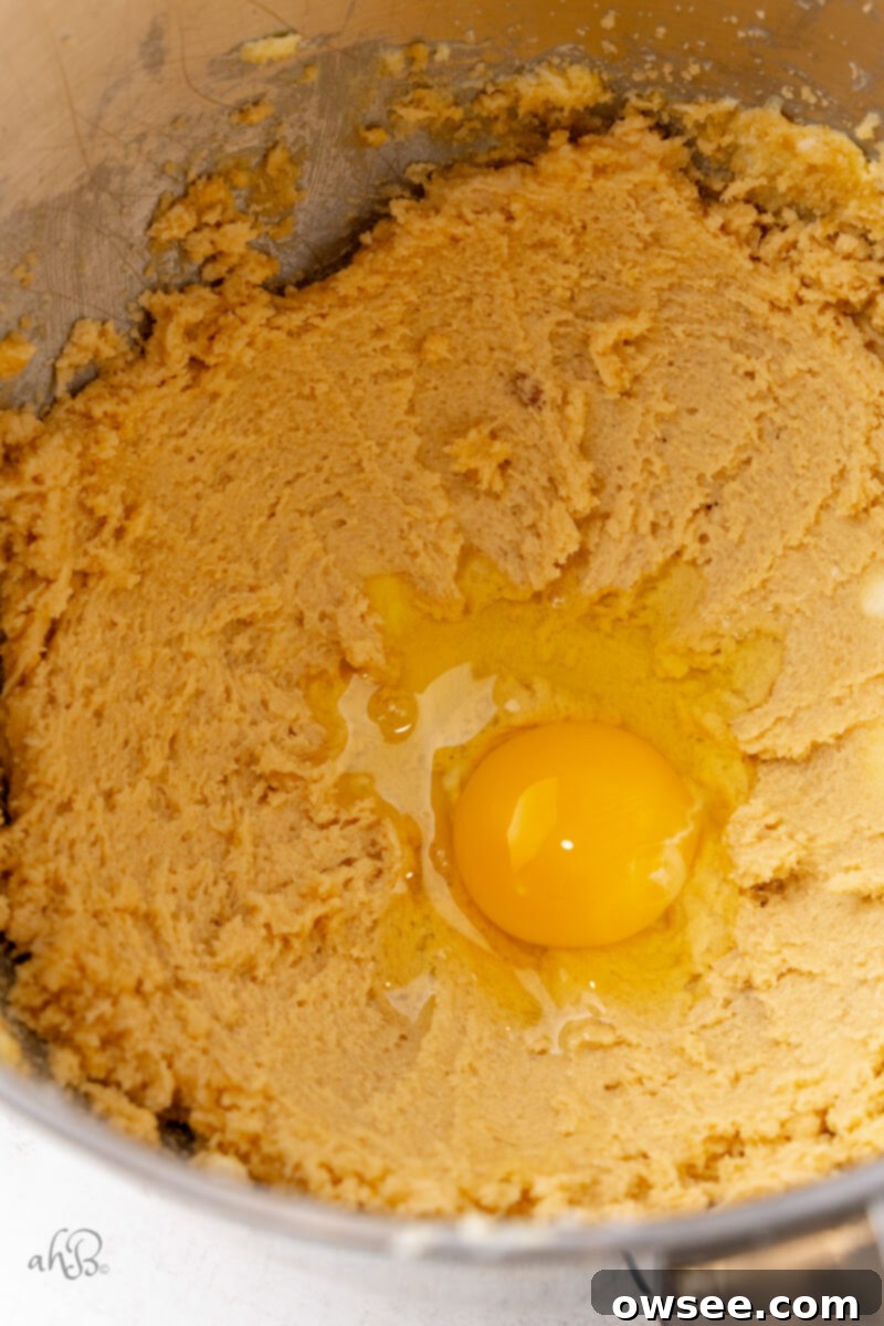 A single egg is cracked into the creamy mixture of butter, Crisco, and sugars in a metal bowl, ready to be incorporated into the malted chocolate chip cookie dough.