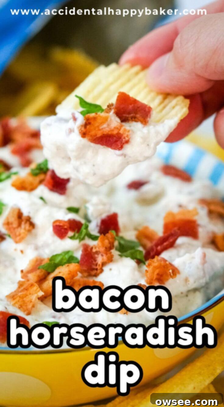 Smoky Horseradish Bacon Sensation 9 Calling all horseradish lovers! This bacon horseradish dip is for you! This creamy dip is loaded with nonstop flavor. Smoky bacon, zippy horseradish and sour cream are the shining stars in this easy to make appetizer.