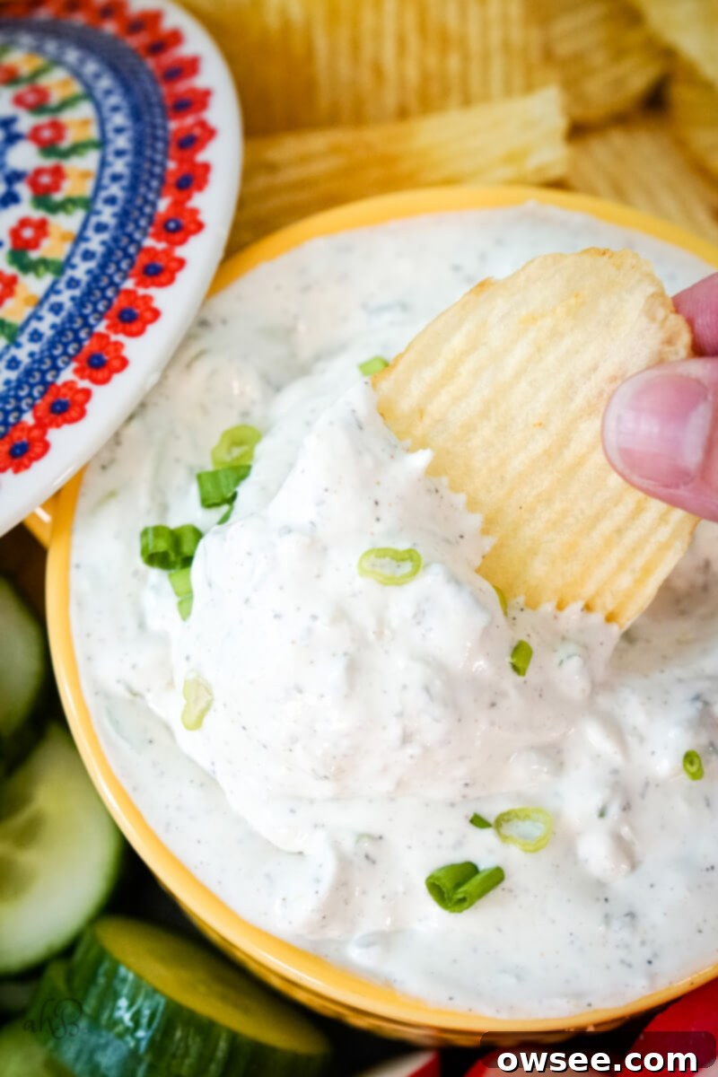 Green Onion Dip-10 A chip is dipped in the green onion dip.