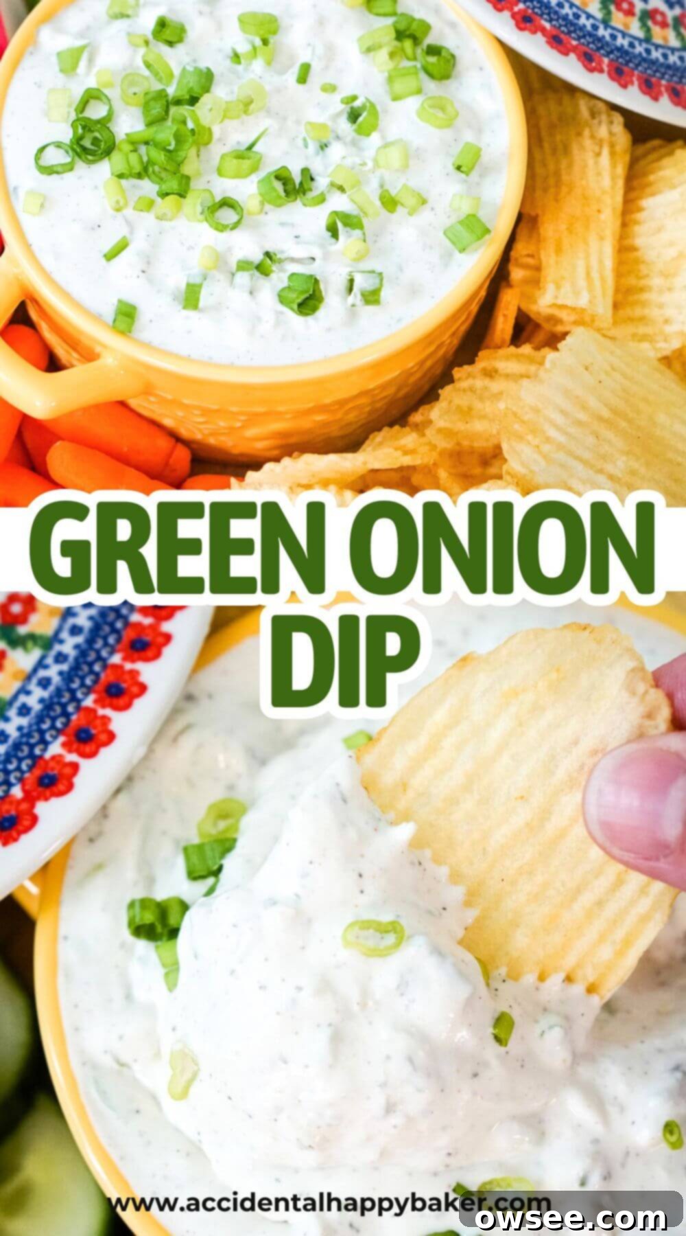 green onion dip pin This is the easiest homemade green onion dip recipe you’ll come across! This creamy and bold green onion dip is a cinch to make with flavorful green onions and tangy sour cream; it’s a classic flavor combo that will be a hit at any gathering.