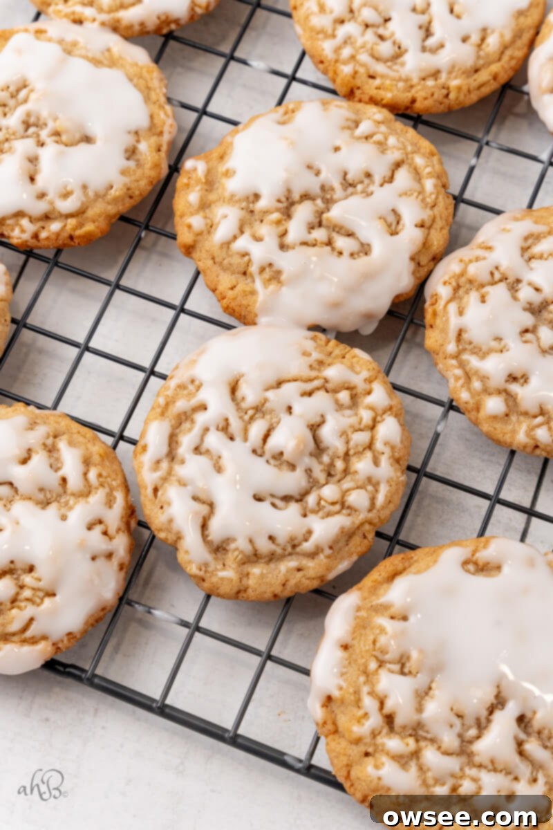 Iced Oatmeal Cookies-10 Cookies cool on a cooling rack.