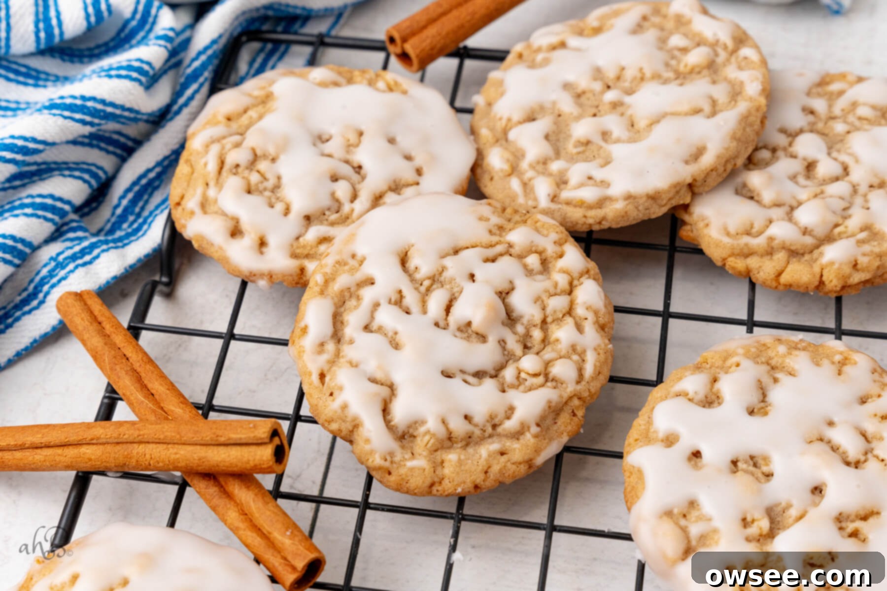 Sweet Glazed Oatmeal Delights 2 A cooling rack full of iced oatmeal cookies, some decorated with cinnamon sticks