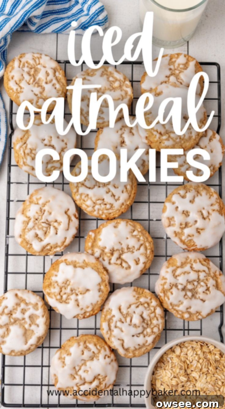 iced oatmeal cookies These old-fashioned iced oatmeal cookies bring back memories with their tender, chewy texture and sweet, delicately crunchy icing. A classic cookie recipe that stands the test of time!