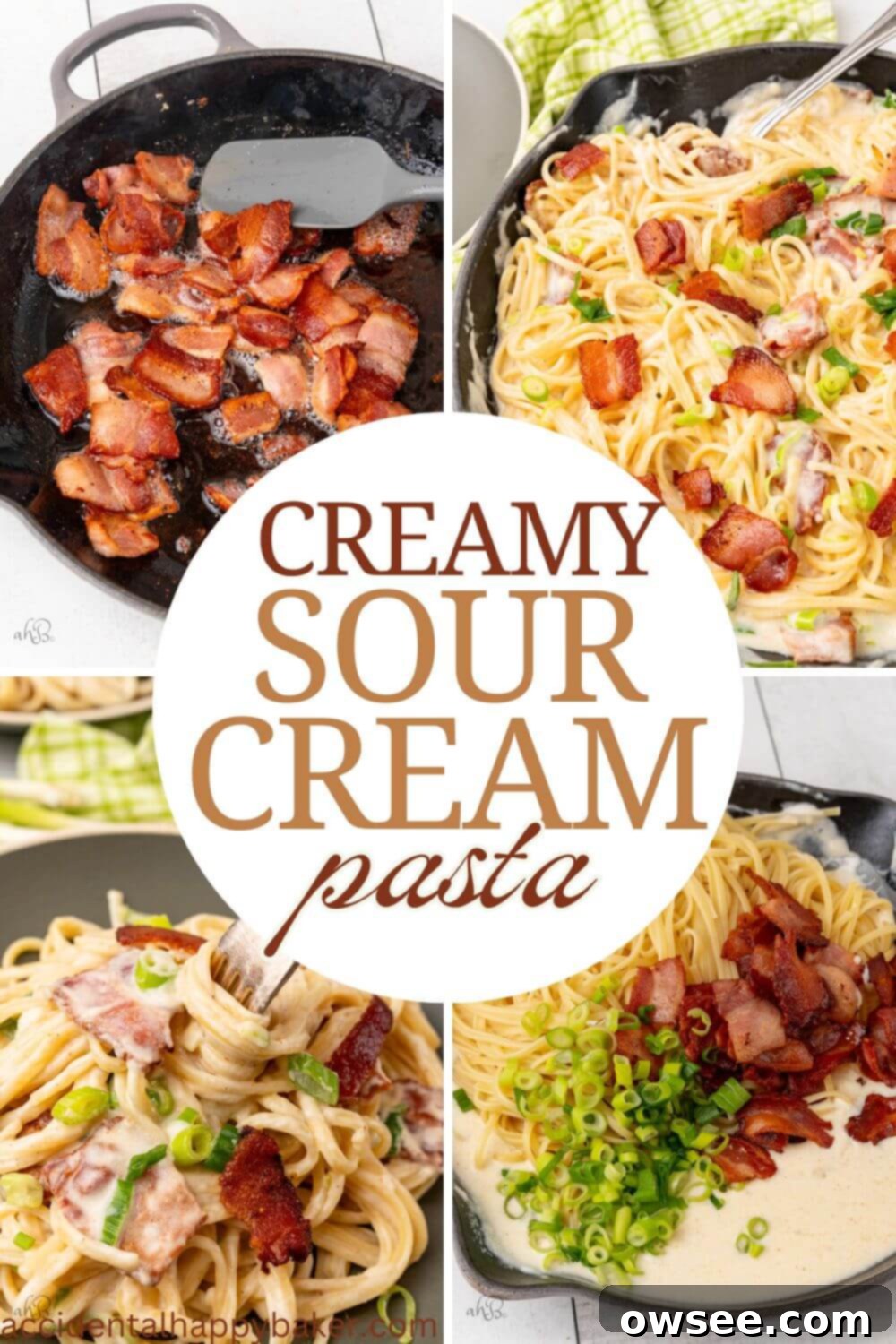 Creamy Tang Pasta 13 Sour Cream Pasta features a creamy and tangy sour cream sauce accented by crisp bacon and green onions. A budget friendly main dish that comes together in less than 30 minutes!