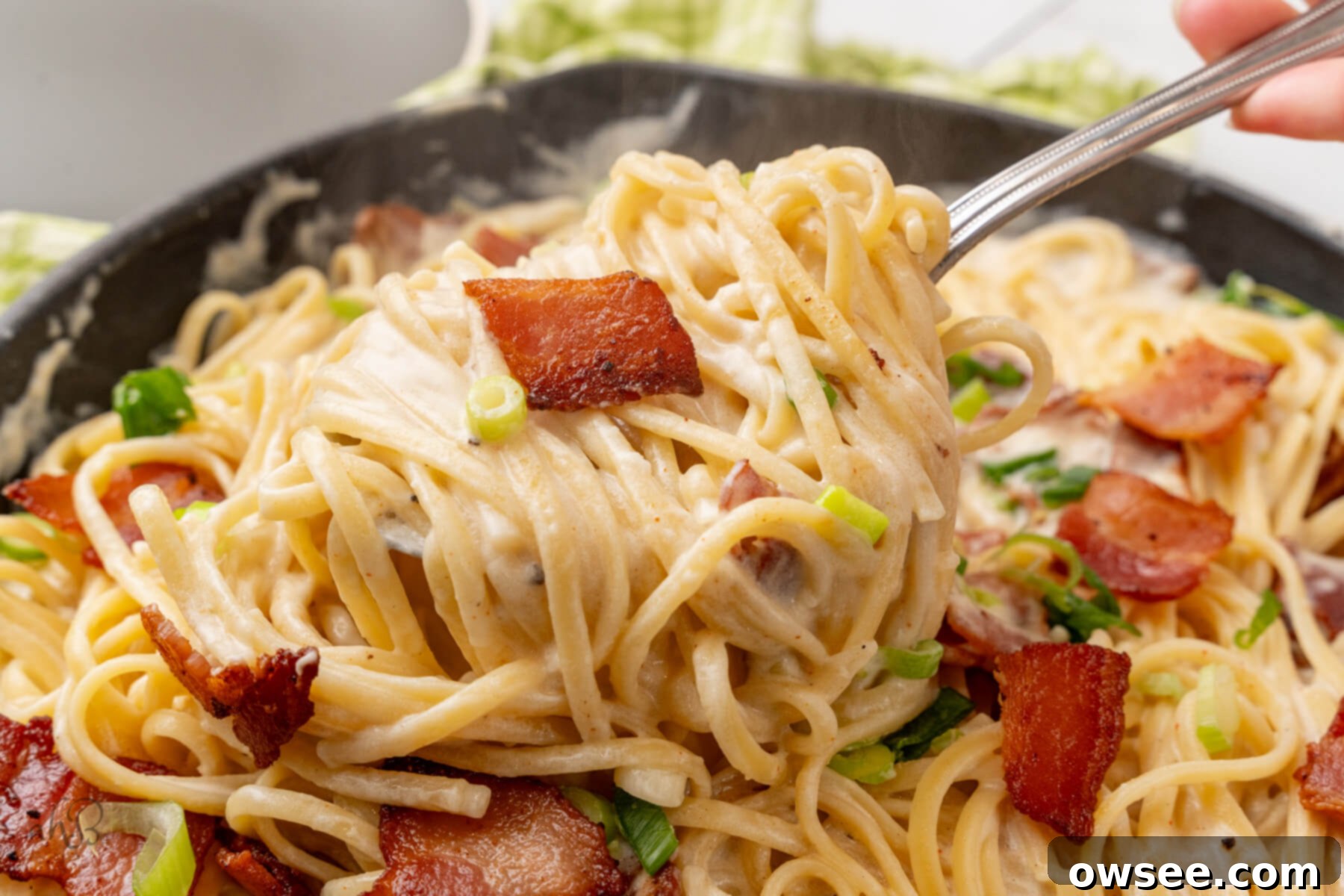 Creamy Tang Pasta 3 Sour Cream Pasta is scooped out of the skillet with a fork.