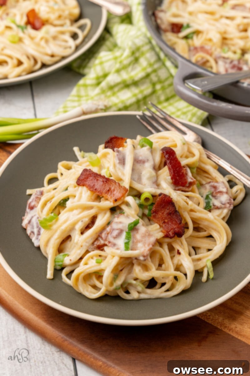 Creamy Tang Pasta 4 A serving of Sour Cream pasta is presented on a gray plate with a fork.