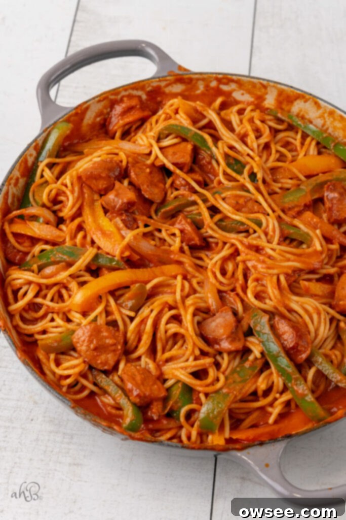 Bayou Sausage Spaghetti 11 A dish of complete Cajun Sausage Spaghetti.
