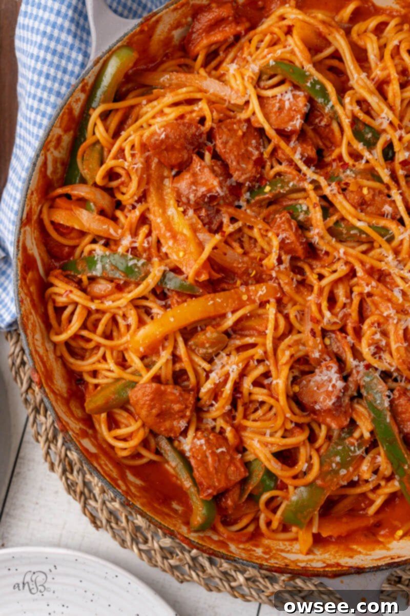 Bayou Sausage Spaghetti 3 A pot of Cajun Sausage Spaghetti.