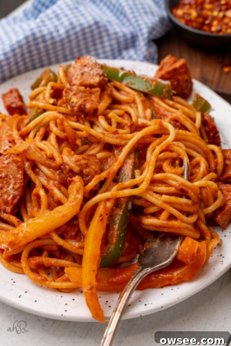 Bayou Sausage Spaghetti 5 A plate full of Cajun Sausage Spaghetti.