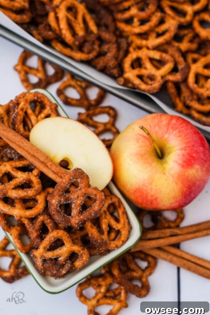A bowl of apple cider spiced pretzels with a cinnamon stick, apple slice, and apple to one side. 