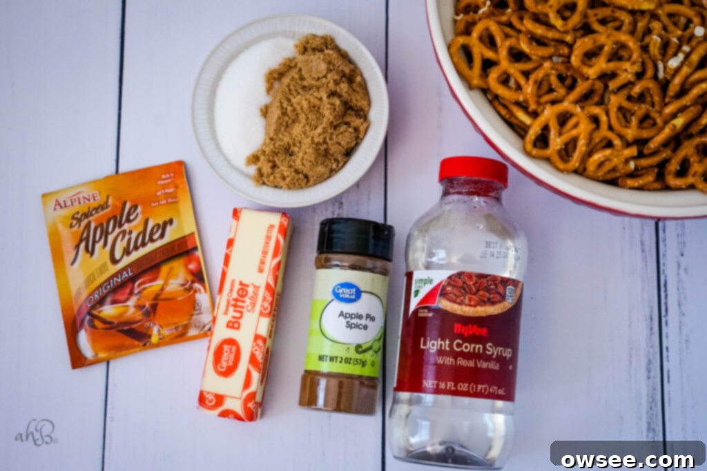 Apple cider drink mix, butter, apple pie spice, brown and white sugar, corn syrup and pretzels.