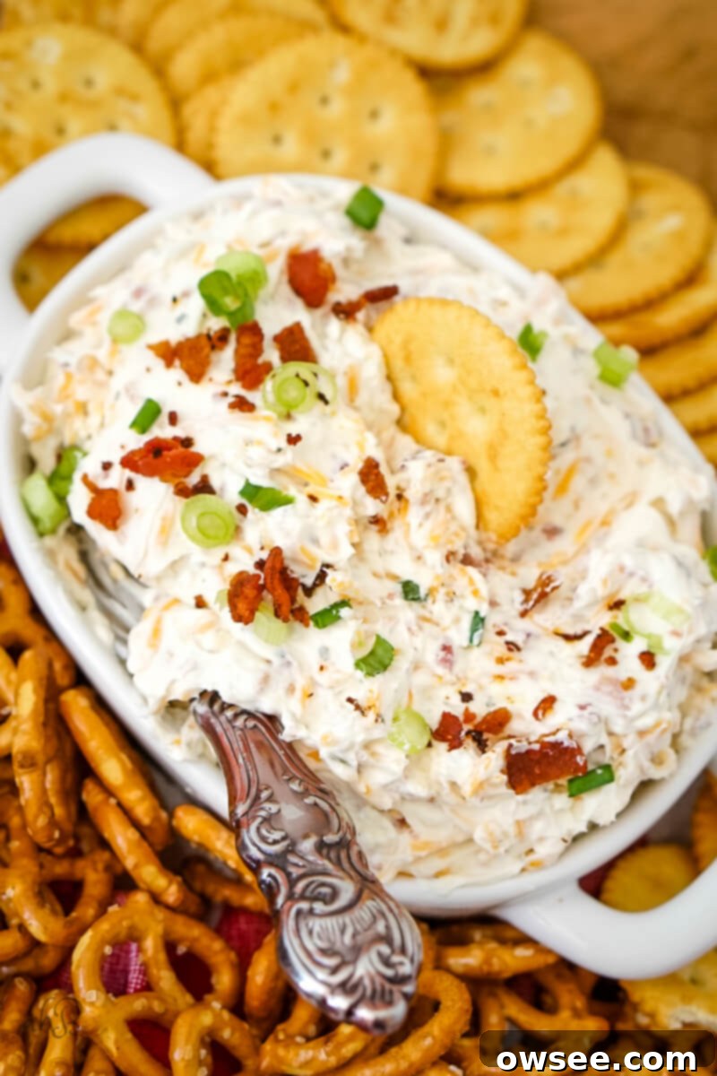 Creamy Ranch Beer Cheese Dip 3 A serving dish of Ranch Beer Cheese Dip with a cracker and a small spreading knife, ready for guests.