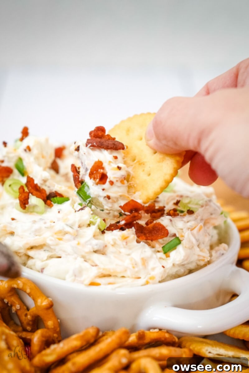 Creamy Ranch Beer Cheese Dip 4 A cracker being generously dipped into the thick, cheesy Ranch Beer Cheese Dip, showing its creamy texture.