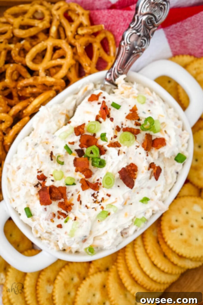 Creamy Ranch Beer Cheese Dip 9 A serving bowl filled with creamy Ranch Beer Cheese Dip, garnished with green onions and bacon bits, served alongside pretzels and crackers.