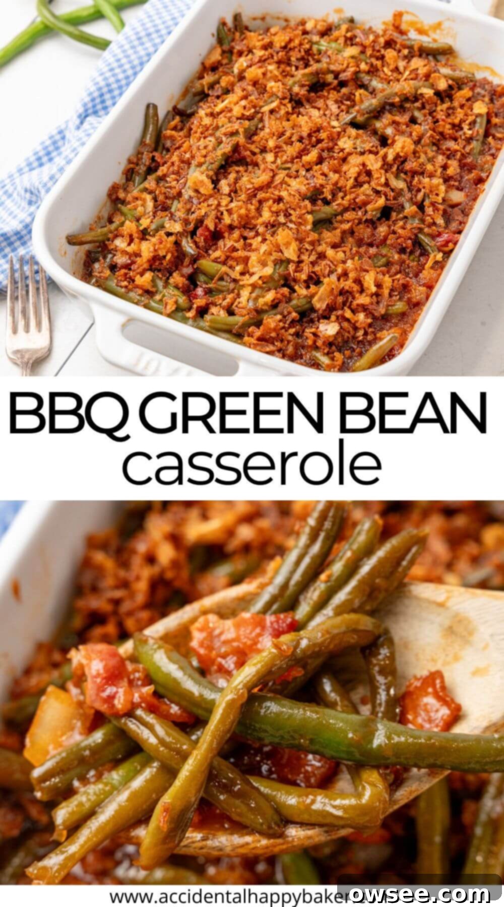 Smoky BBQ Green Bean Casserole 12 Savory, sweet, creamy, and delicious, BBQ Green Bean Casserole made with real bacon and Worcestershire sauce is an innovative twist on a classic family recipe that will make its mark at the holiday dinner table for years to come!