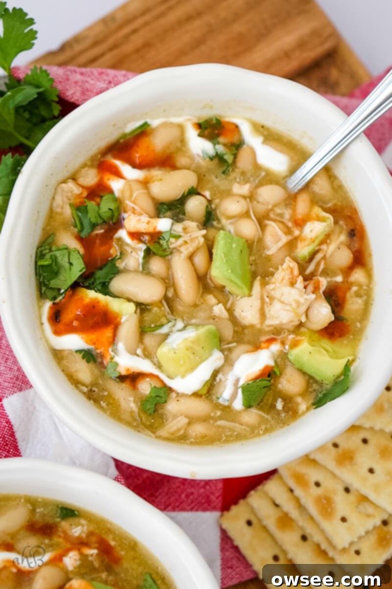 No-Fuss 7 Can Chicken Chili 2 A white bowl of chicken chili topped with cilantro, avocado, sour cream, and salsa, invitingly served and ready to eat.