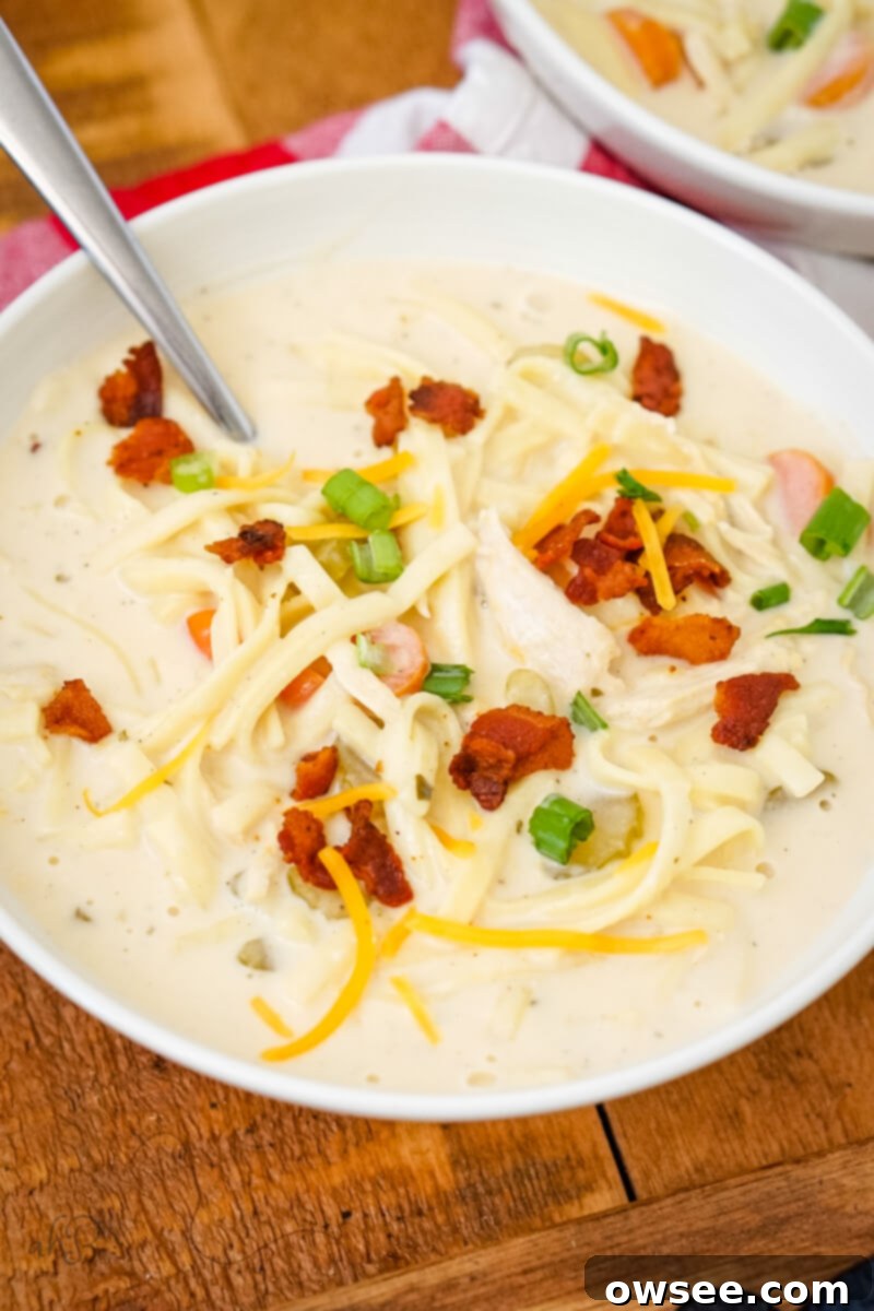 Irresistible Chicken Noodle Soup 2 A white bowl of Crack Chicken Noodle Soup topped with bacon pieces, chives, and shredded cheese.