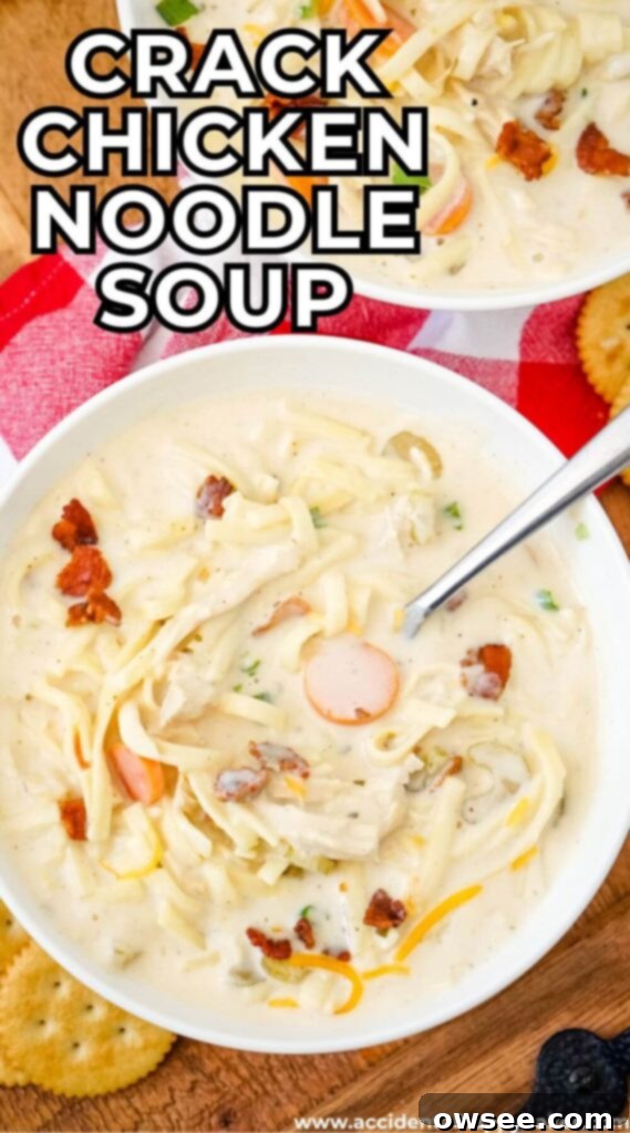 Irresistible Chicken Noodle Soup 11 Crack Chicken Noodle Soup is creamy comfort food in a bowl! Packed with tender bites of chicken, hearty noodles, ranch seasoning, cream cheese, and crispy bacon, this easy recipe is irresistibly rich and perfect for cozy meals. One bite, and you'll see why it's called