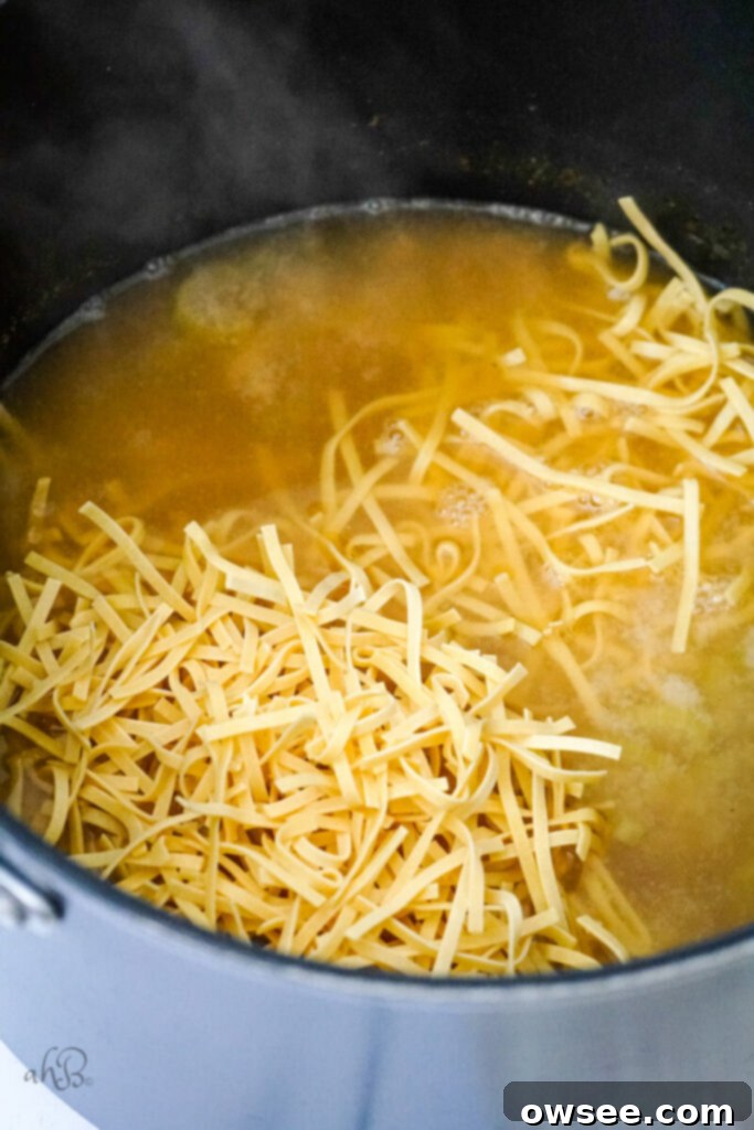 Irresistible Chicken Noodle Soup 8 Egg noodles are added to the pot and cooked.