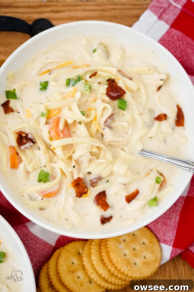 Irresistible Chicken Noodle Soup 10 A white bowl of Crack Chicken Noodle Soup topped with bacon pieces, chives, and shredded cheese.