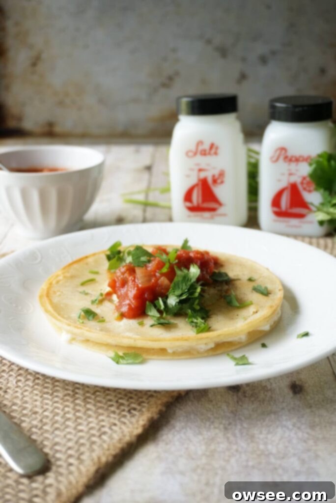 Mexican Huevo in a Hole 2 Corn tortillas cooked with a fried egg in the center topped with salsa and cilantro on a white plate.