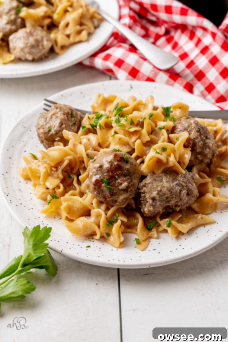 Creamy One Pot Swedish Meatballs and Noodles 2 A serving of Swedish Meatballs served on a white plate with a side of green vegetables.