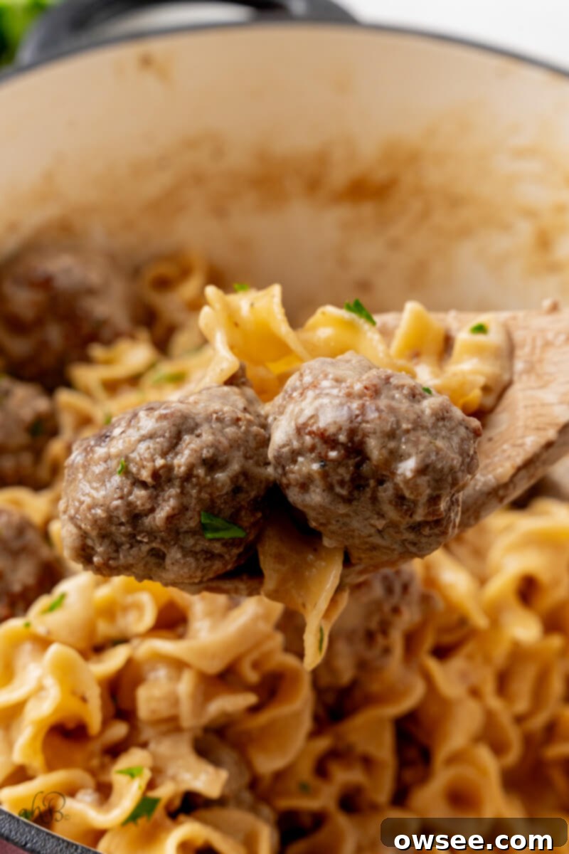 Creamy One Pot Swedish Meatballs and Noodles 4 Two Swedish meatballs held by a wooden spoon over the pot of creamy sauce and noodles.