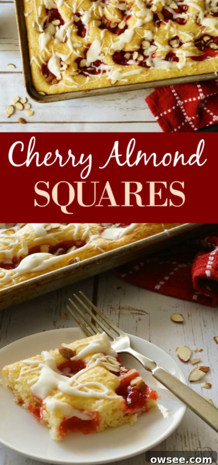 Cherry Almond Delights 2 Vibrant Cherry Almond Squares, a perfect blend of cherry pie and coffee cake, elegantly glazed and ready to eat.