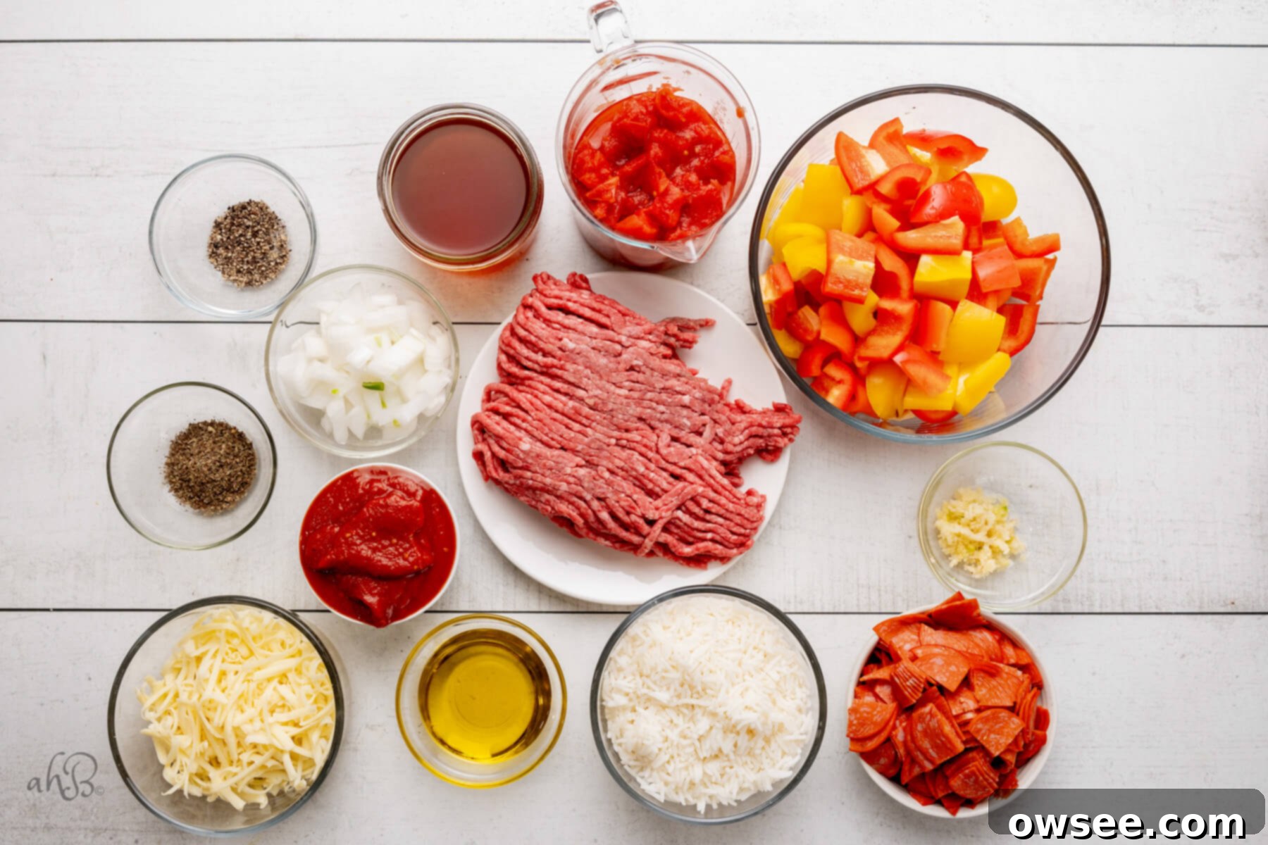 One-Pan Pizza Pepper Skillet 4 The ingredients are sitting separated in glass dishes.