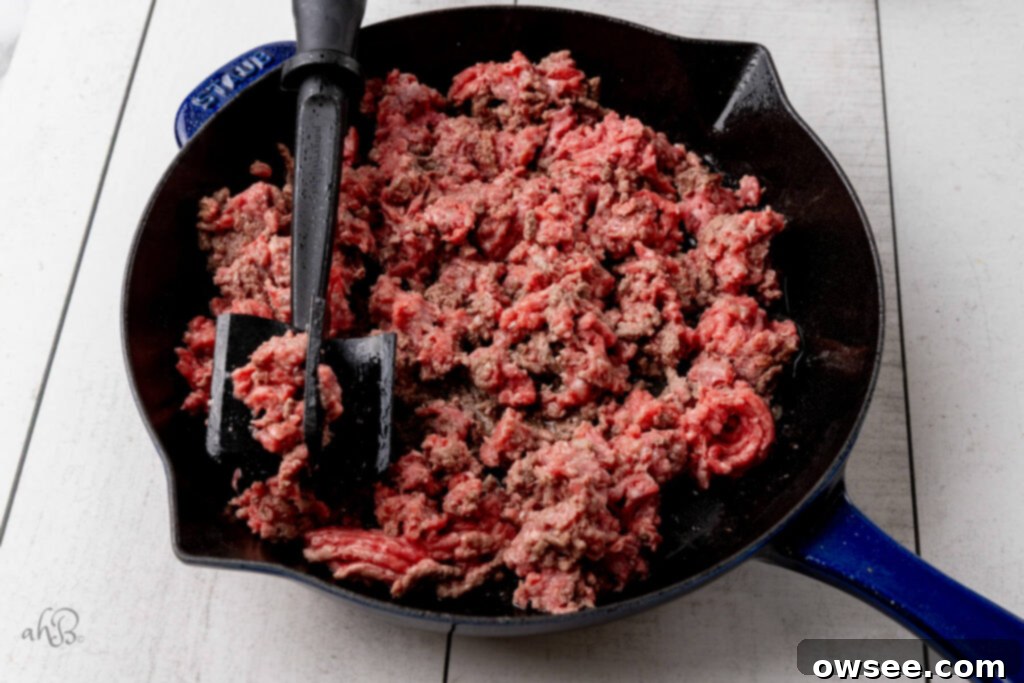 One-Pan Pizza Pepper Skillet 5 The ground beef is browned in a skillet.