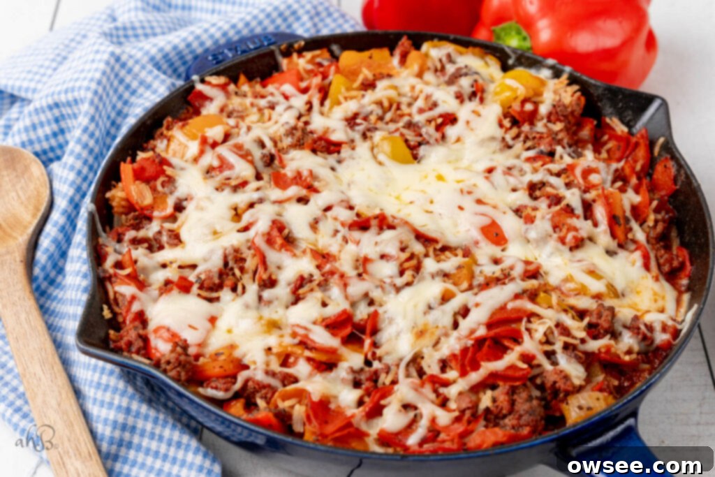 One-Pan Pizza Pepper Skillet 9 Mozzarella is added to the skillet.