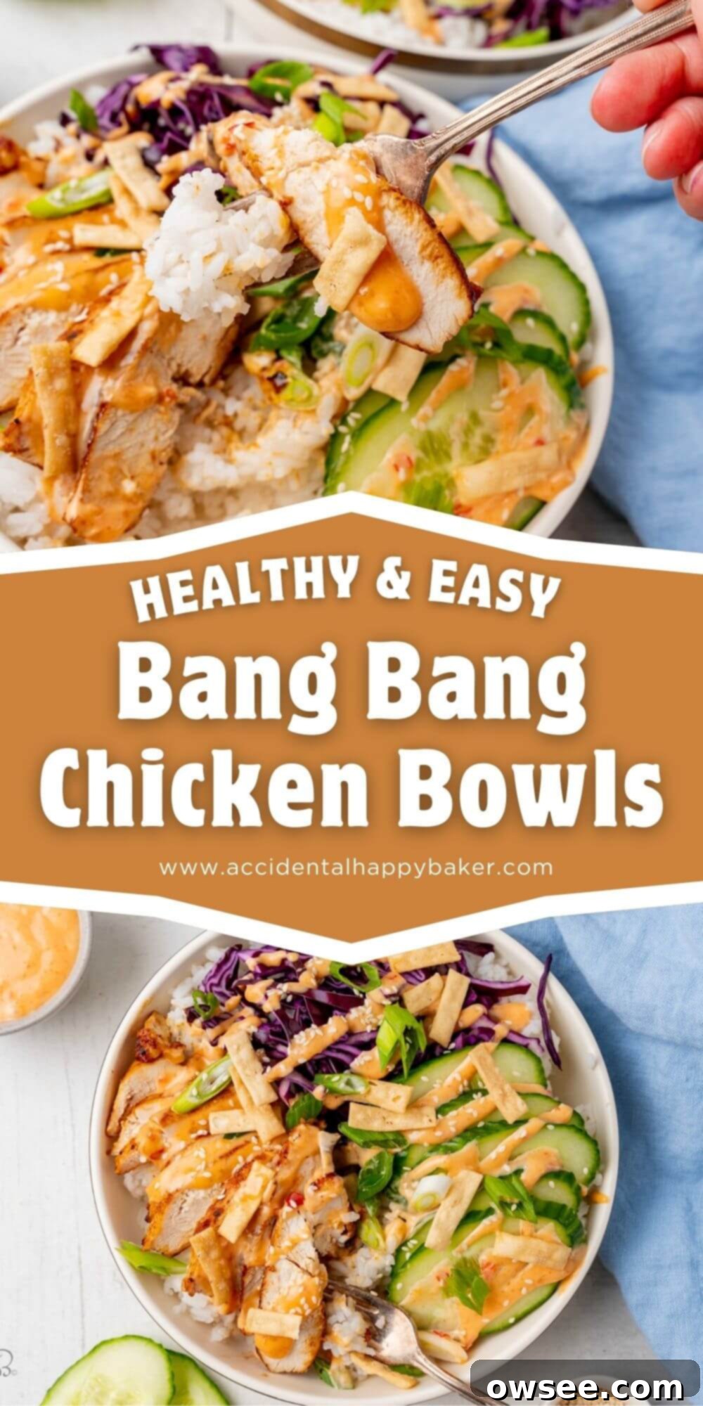 Bold Bang Bang Chicken Bowls 10 Bang Bang Chicken Bowls make a quick and easy weeknight dinner. Flavorful marinated chicken and rice are topped with a sweet and spicy homemade bang bang sauce and crunchy fresh veggies, like cabbage, cucumbers, and green onions for a hearty and satisfying meal all in one bowl!