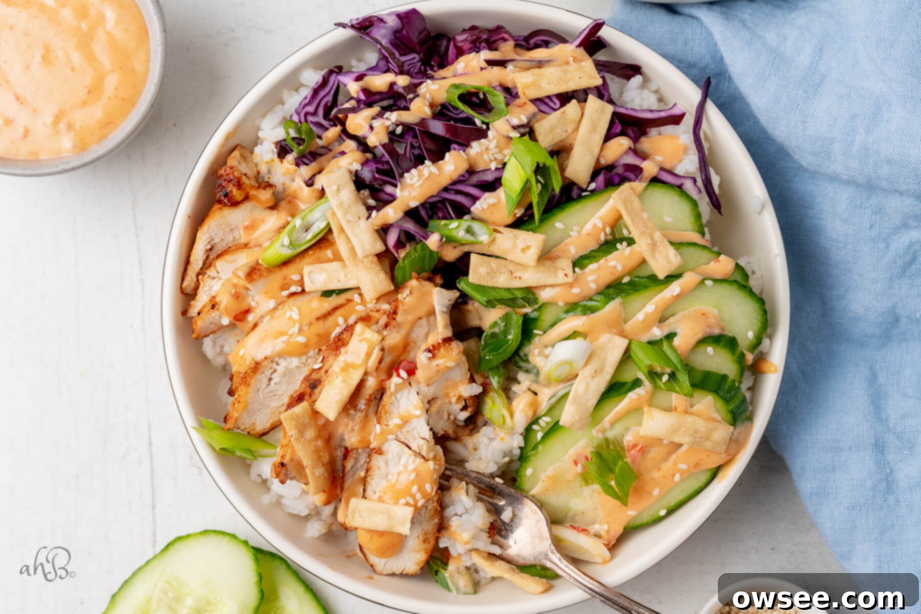 Bold Bang Bang Chicken Bowls 9 A top-down view of a completed Bang Bang Chicken Bowl, beautifully arranged and garnished.