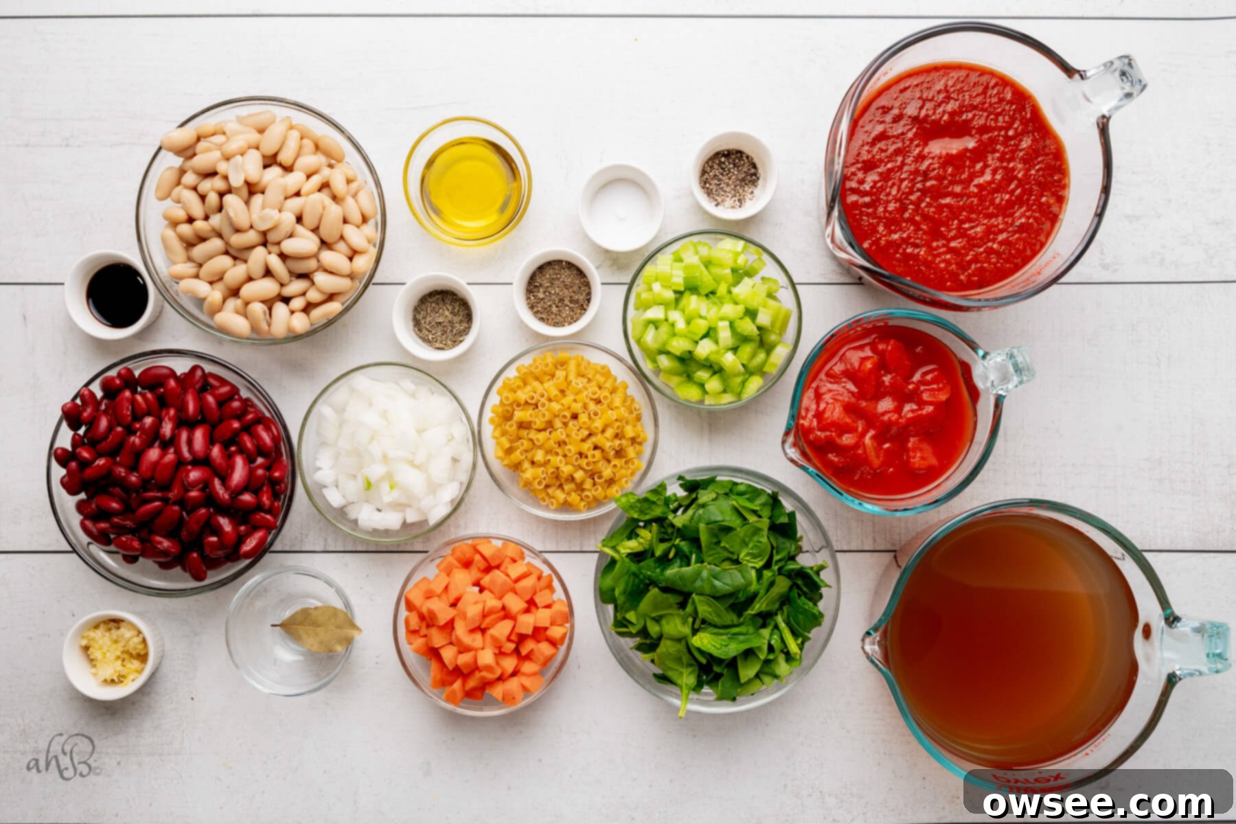 Hearty Instant Pot Minestrone Soup 5 The ingredients for Minestrone soup is in separate glass bowls.