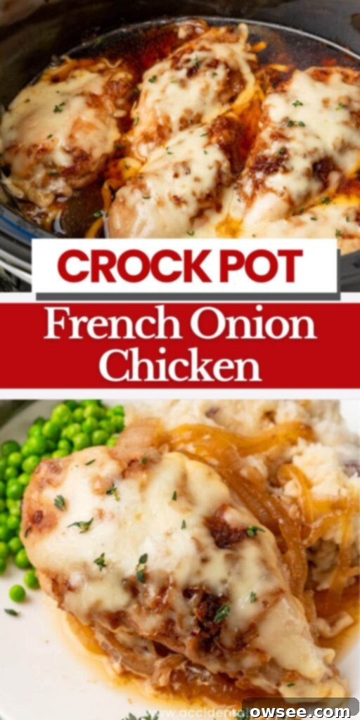 Slow Cooker French Onion Chicken 11 Tender chicken cooked in a rich French onion gravy and topped with cheese, this Crockpot French Onion Chicken is an easy dump and go slow cooker dinner that is perfect for busy weeknights.