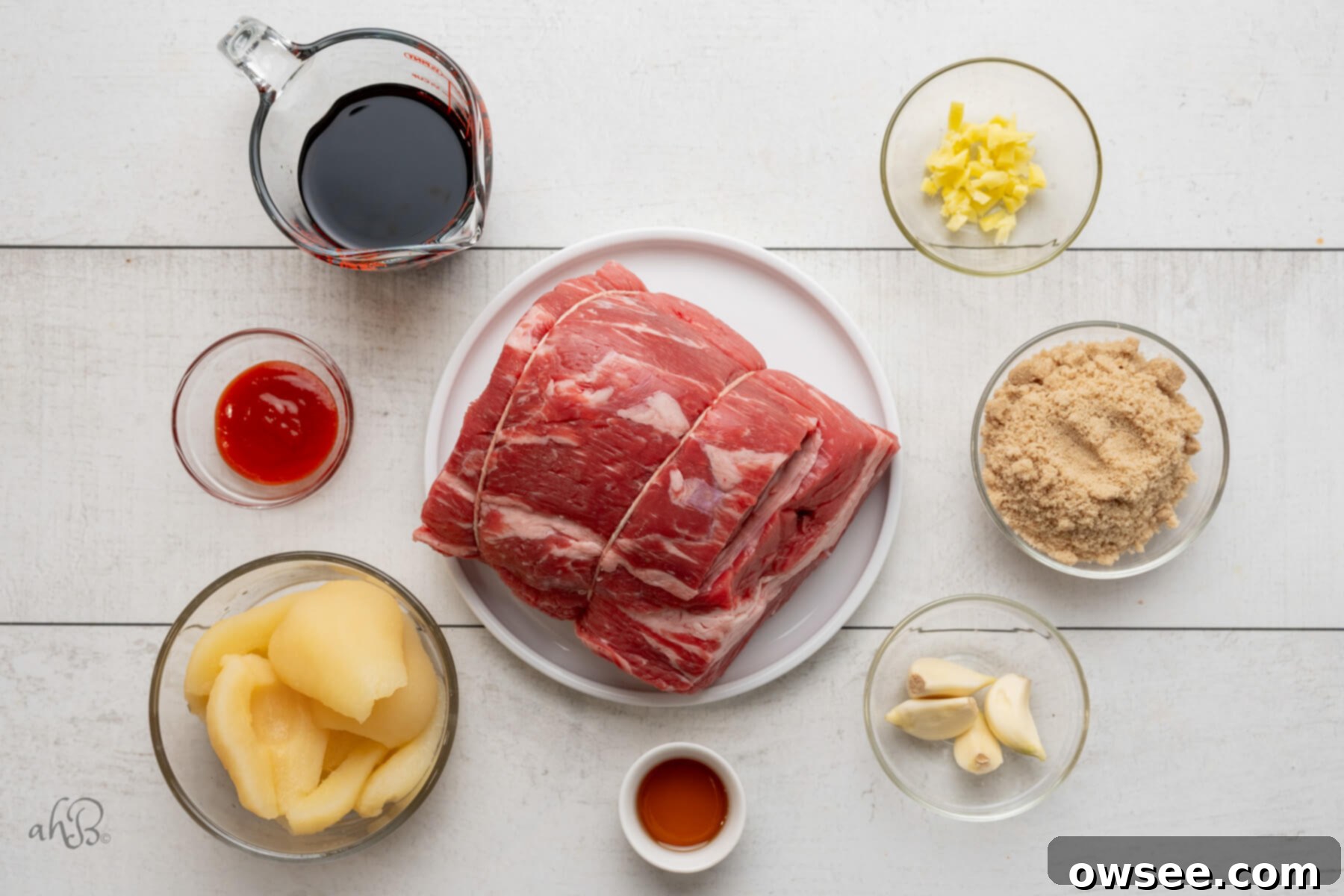 Tender Instant Pot Korean Beef 4 The ingredients are separated into different glass containers.