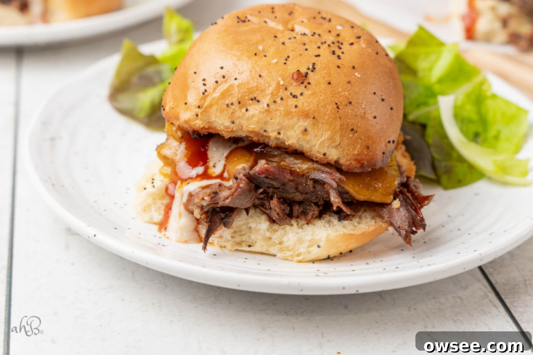 A perfectly assembled Beef 'N Cheddar Sandwich, featuring tender roast beef, melted cheddar, and barbecue sauce, served alongside fresh lettuce on a white plate.