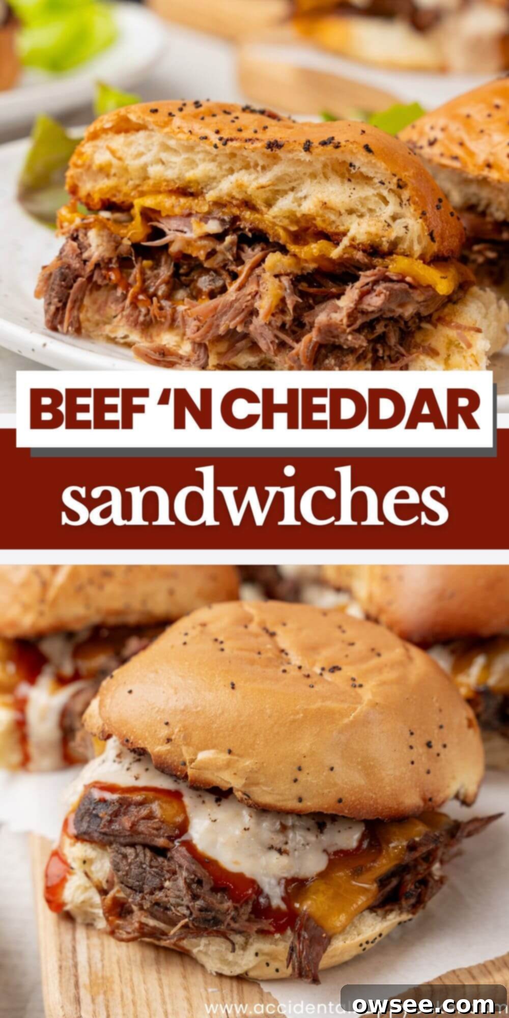 An enticing full-page image of a Crockpot Beef 'N Cheddar Sandwich, highlighting its hearty layers and inviting texture.