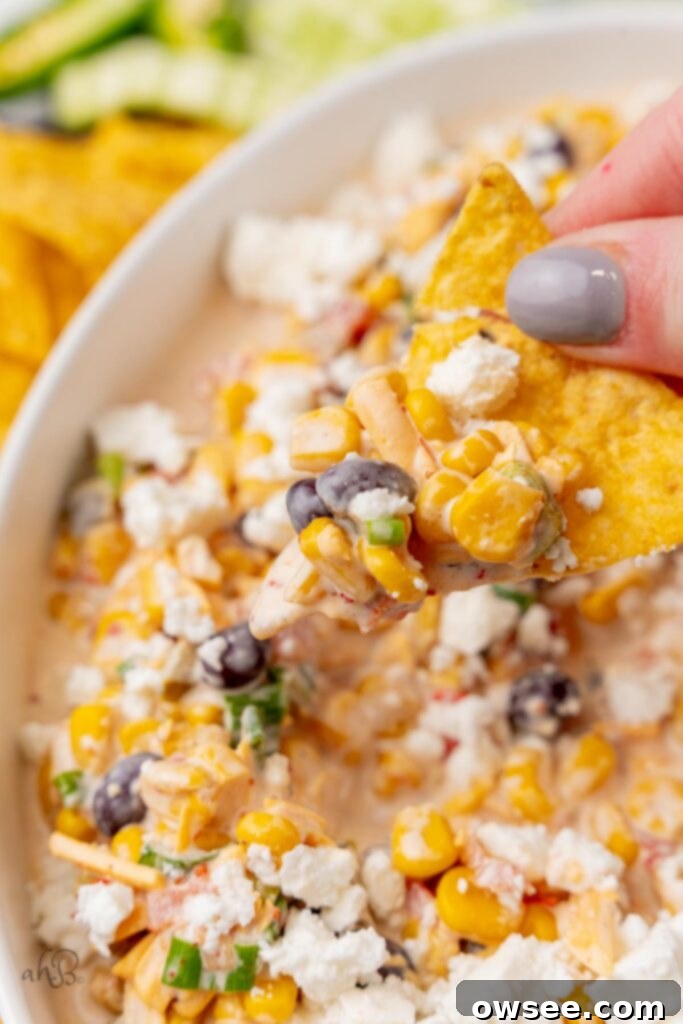 A perfectly loaded tortilla chip with a generous scoop of creamy and chunky Fiesta corn dip, ready to be enjoyed.