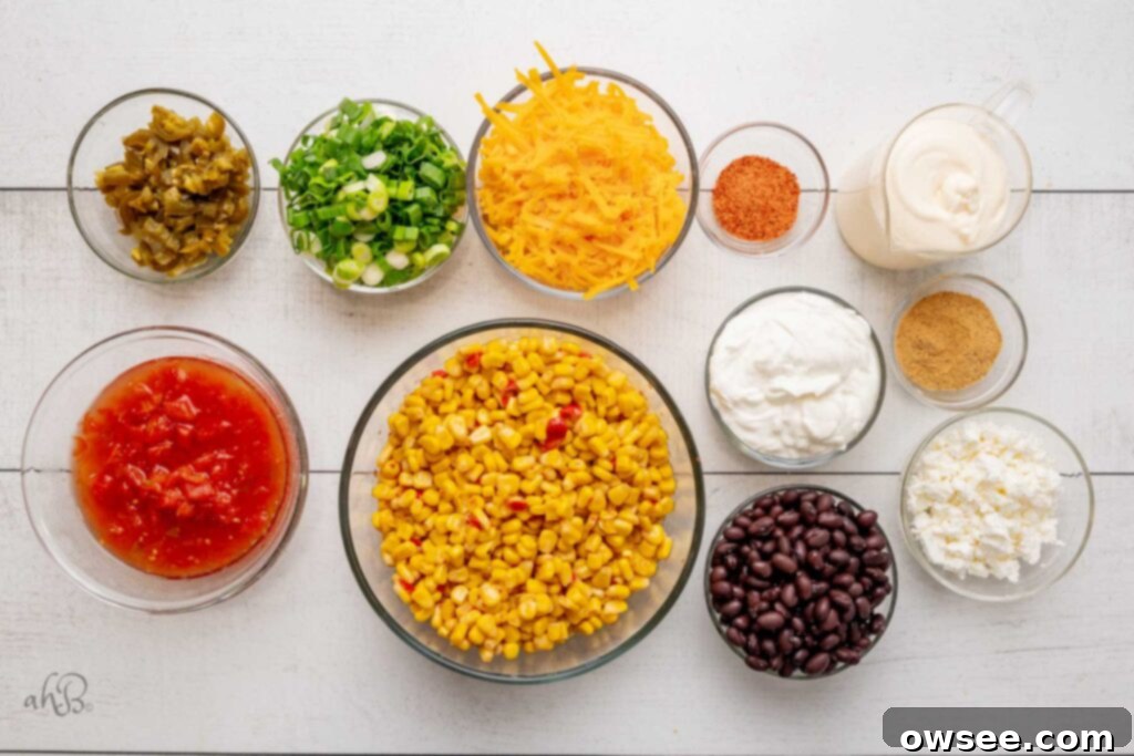 An ingredient shot showing all the components for Fiesta Corn Dip: chopped jalapenos, sliced green onions, shredded cheddar cheese, Tajin seasoning, mayonnaise, Rotel tomatoes, Mexicorn, sour cream, Fiesta Ranch dip mix, black beans, and crumbled queso fresca.